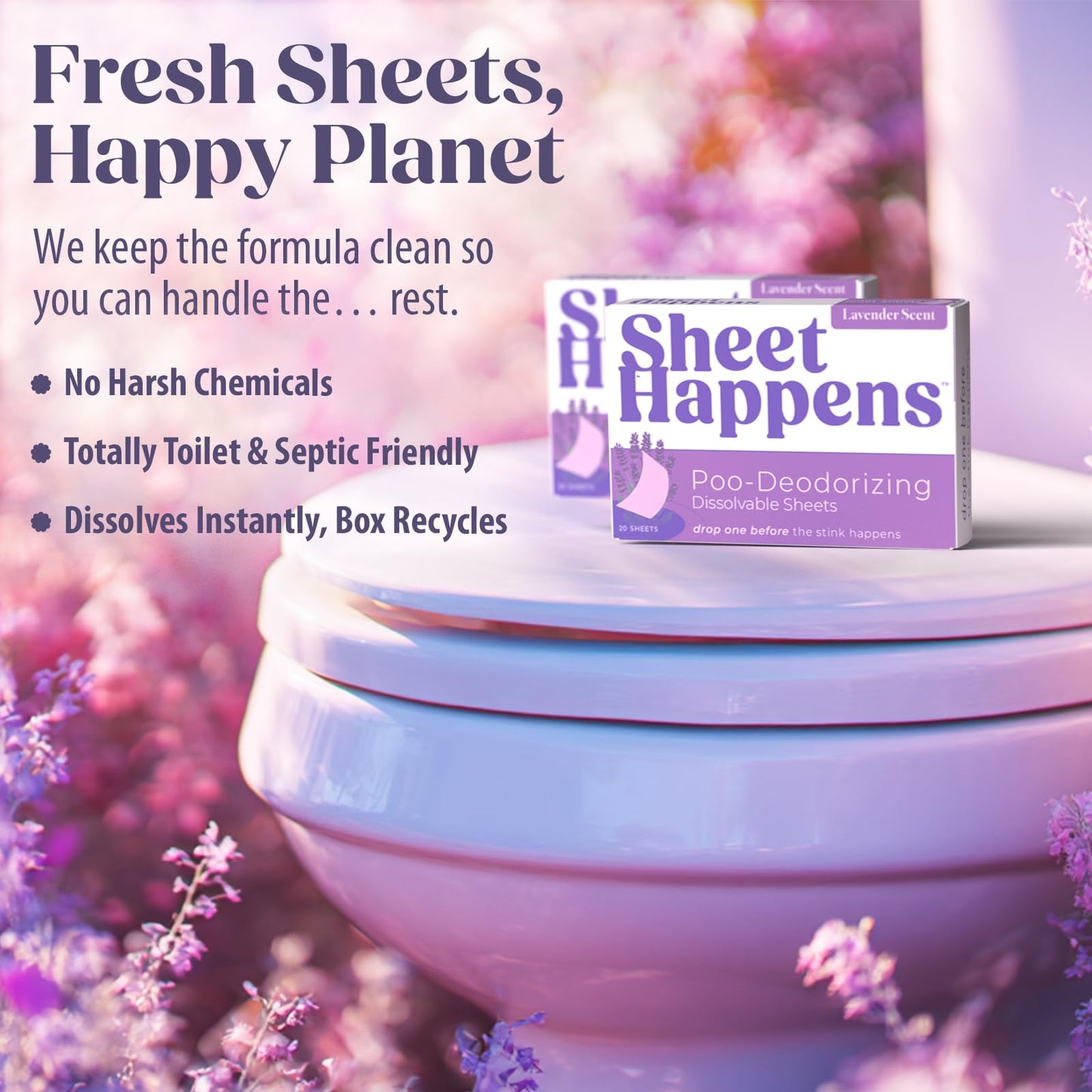 Sheet Happens Pre-Poo Toilet Sheets, Lavender Field Scent, 2 Pack, 40 Dissolvable Odor Stopping Sheets, Septic Safe - Purple Box