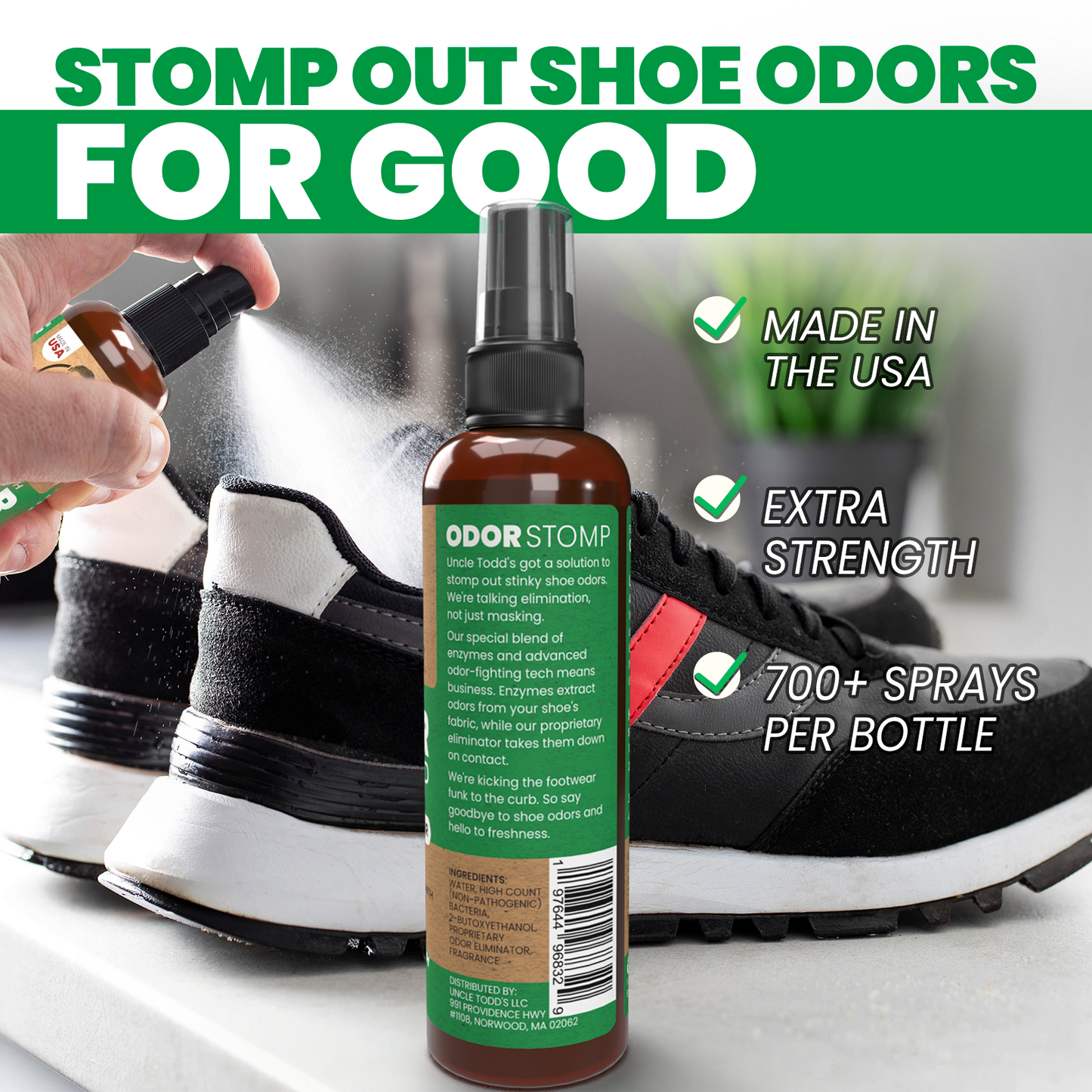 Uncle Todd's Odor Stomp Shoe Deodorizer 2-Pack Mountain Fresh- Proven & Powerful Enzyme Shoe Spray for Odor Elimination in All Footwear
