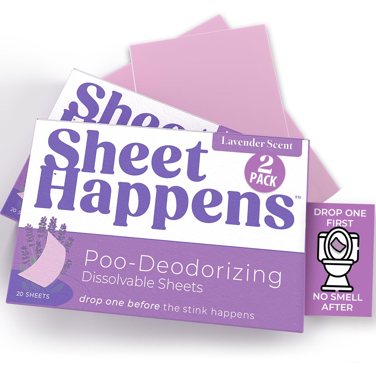 Sheet Happens Pre-Poo Toilet Sheets, Lavender Field Scent, 2 Pack, 40 Dissolvable Odor Stopping Sheets, Septic Safe - Purple Box