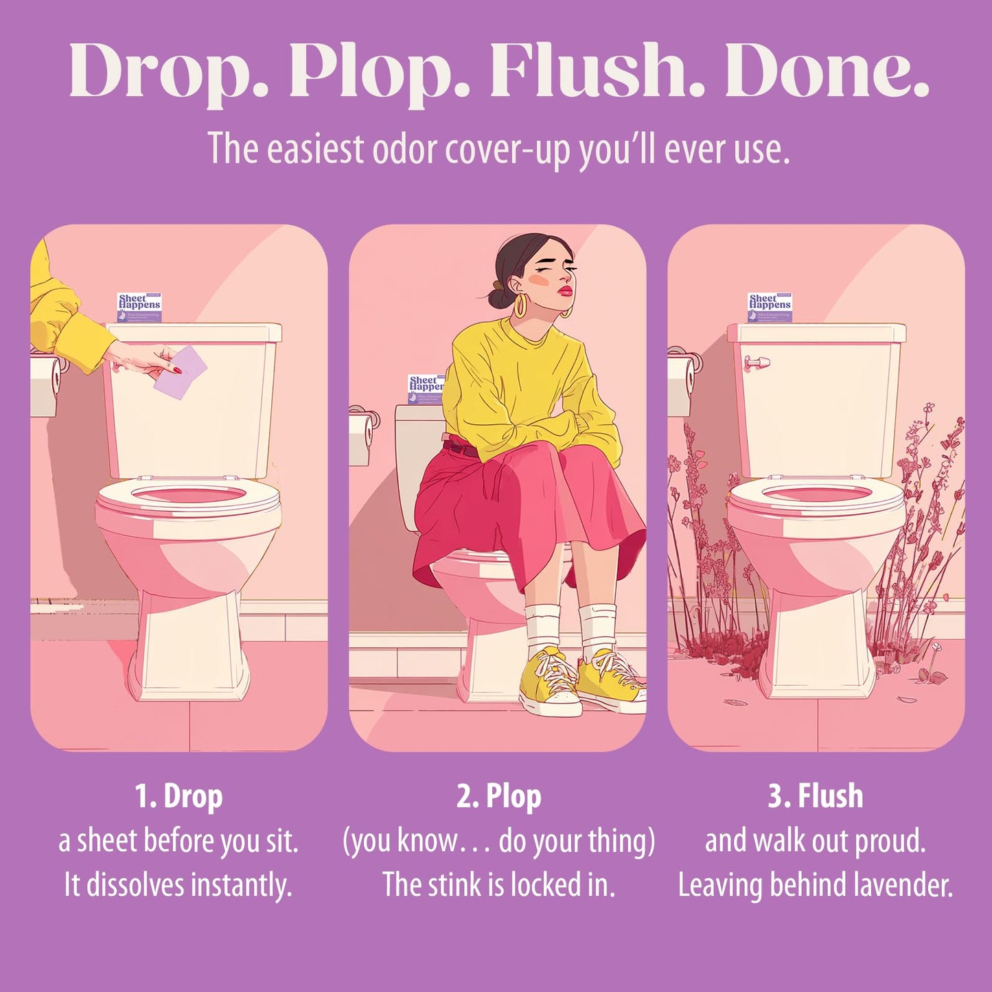 Sheet Happens Pre-Poo Toilet Sheets, Lavender Field Scent, 2 Pack, 40 Dissolvable Odor Stopping Sheets, Septic Safe - Purple Box