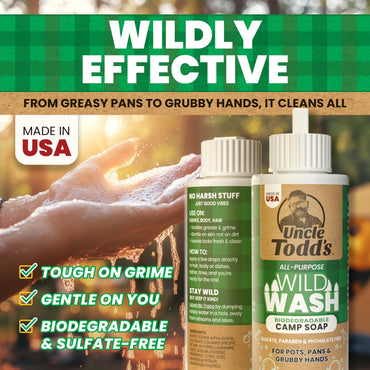 Uncle Todd's Wild Wash Biodegradable Soap, Camping Soap Ideal for Dishes, Body, Hands, and Clothes - 4oz, Sage Scent