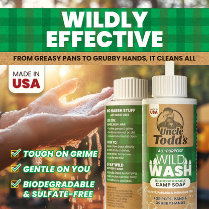 Uncle Todd's Wild Wash Biodegradable Soap, Camping Soap Ideal for Dishes, Body, Hands, and Clothes - 4oz, Sage Scent