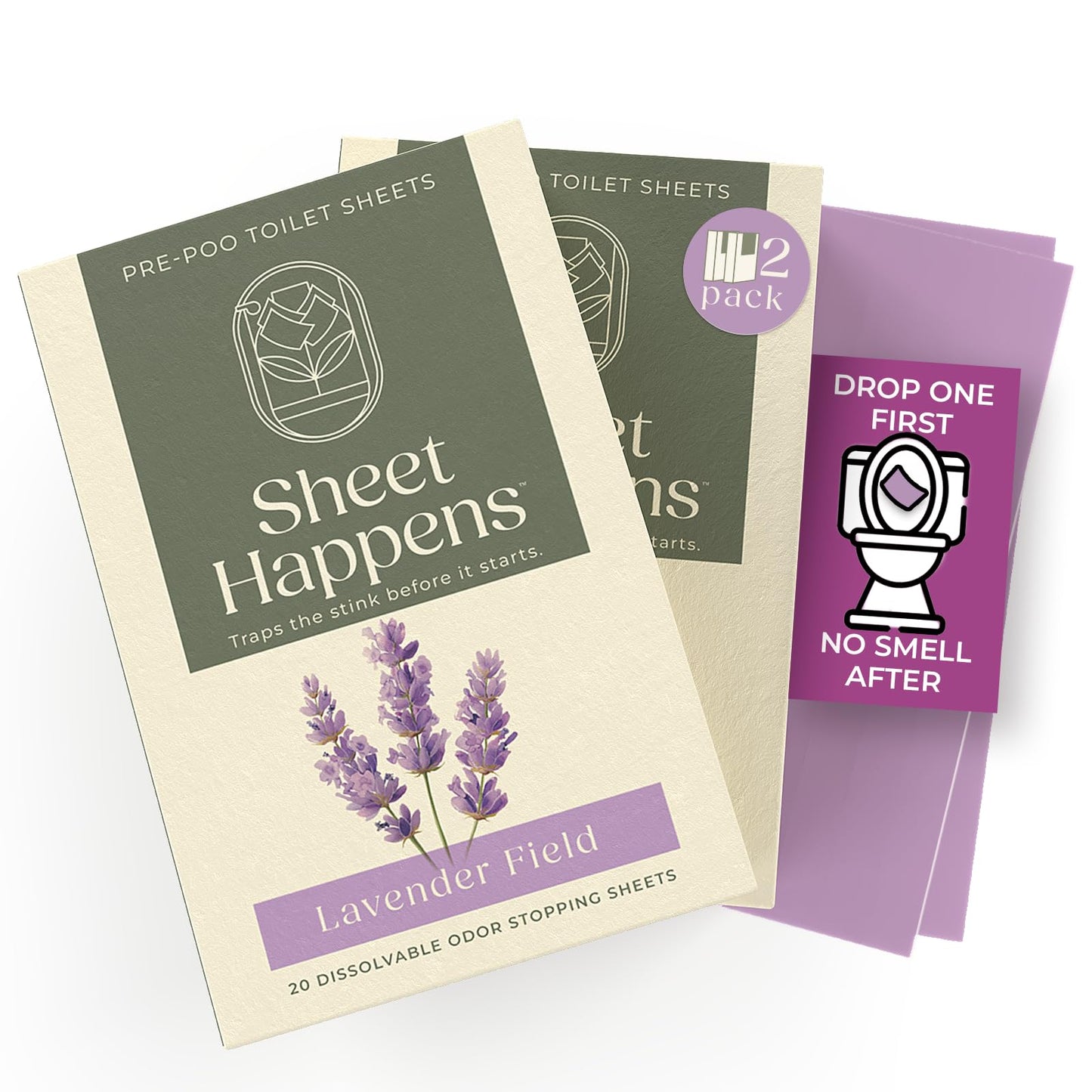 Sheet Happens Pre-Poo Toilet Sheets, Lavender Field Scent, 2 Pack, 40 Dissolvable Odor Stopping Sheets, Septic Safe