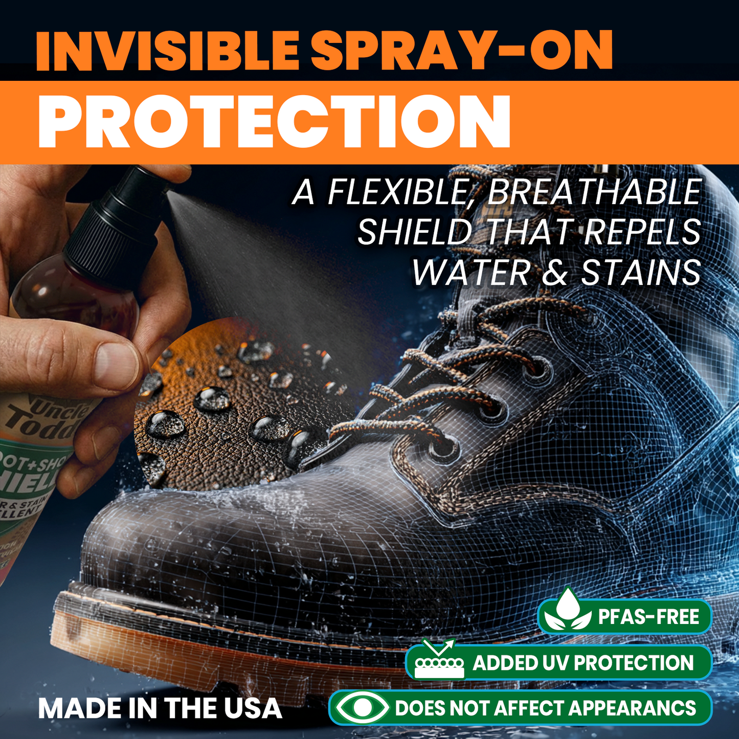 Uncle Todd's Shoe Protector Spray - Water & Stain Repellent - 6oz Non-Aerosol Suede Protector Spray - Protects Leather, Suede & Nubuck - Shields Against Water, Rain & Spills - Safe on All Colors