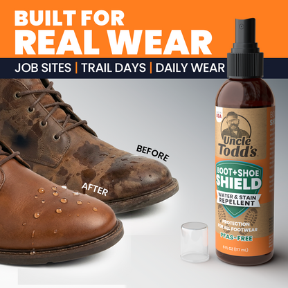Uncle Todd's Shoe Protector Spray - Water & Stain Repellent - 6oz Non-Aerosol Suede Protector Spray - Protects Leather, Suede & Nubuck - Shields Against Water, Rain & Spills - Safe on All Colors
