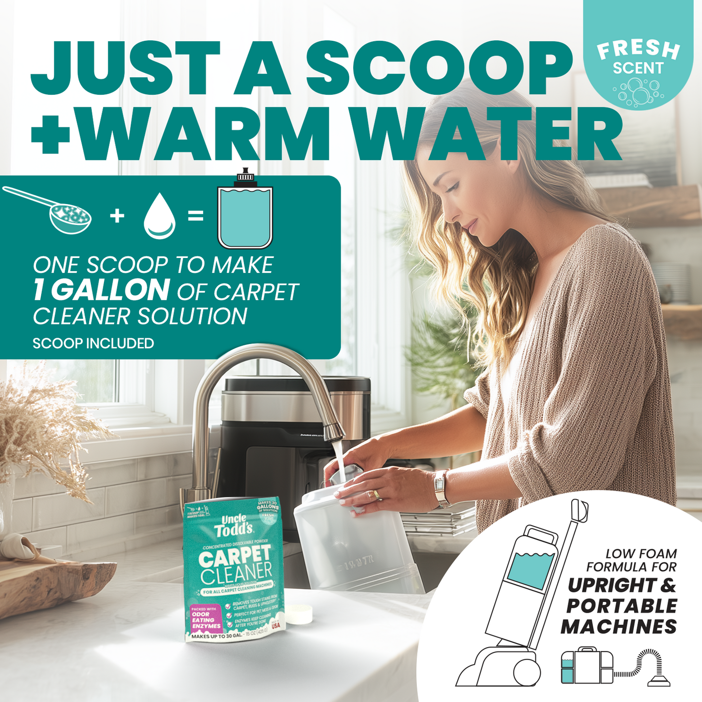 Uncle Todd's Carpet Cleaner Powder for Machines | Makes 30 Gallons of Carpet Cleaner Solution | Enzyme Formula Carpet Deodorizer | Removes Pet Odors & Stains | Safe for Carpets, Rugs & Upholstery