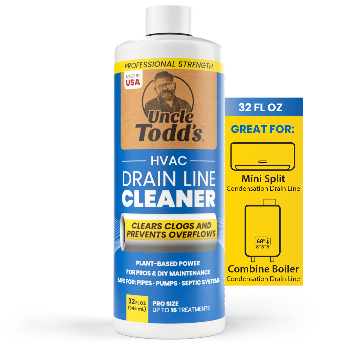 Uncle Todd's HVAC Drain Line Cleaner – Bleach-Free, Fast-Acting, Long-Lasting Solution for Tough Clogs & Buildup. Up to 8 Months Supply