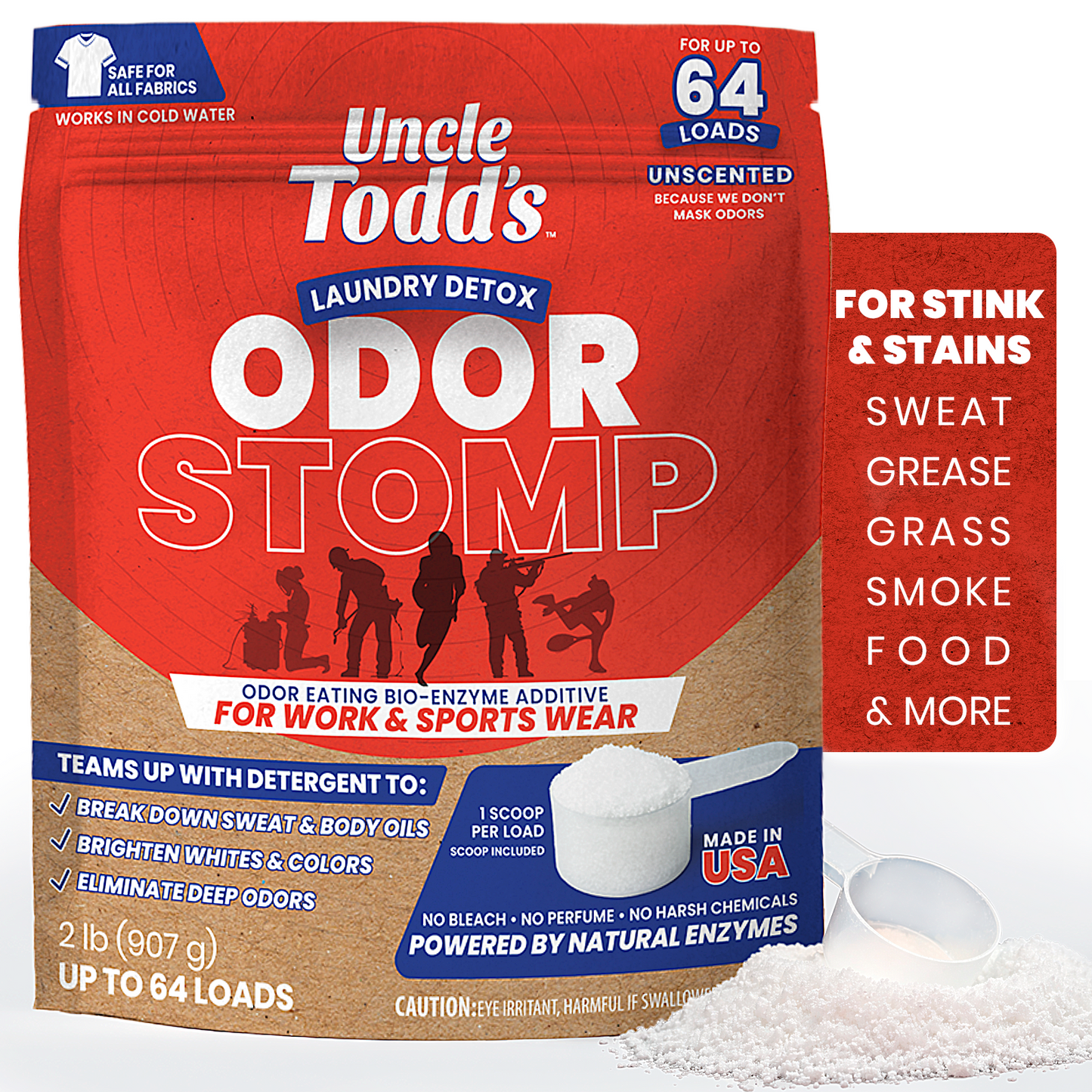 Uncle Todd’s Laundry Detox – Odor Stomp Laundry Additive, 2 lb (Up to 64 Loads) – Enzyme Powered Deep Clean Booster – Eliminates Sweat, Body Odor & Tough Stains – Fragrance Free, Works in Cold Water