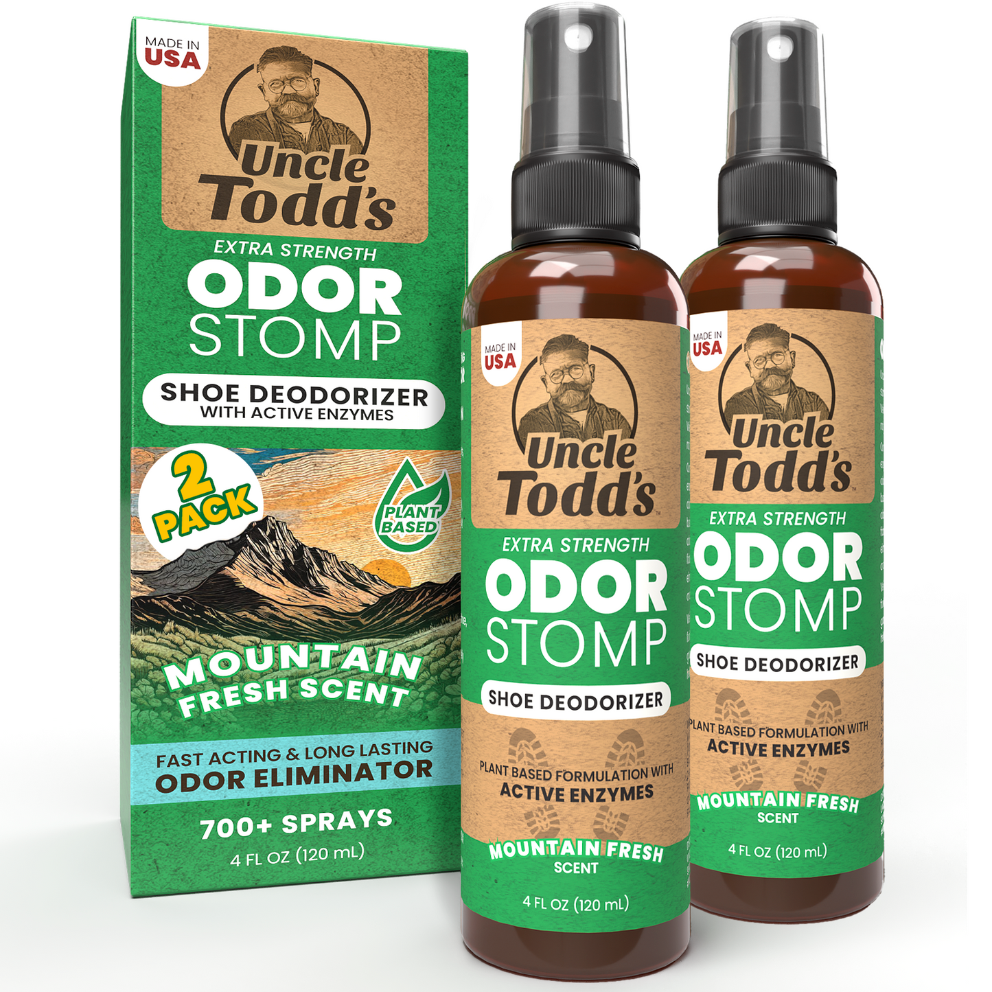 Uncle Todd's Odor Stomp Shoe Deodorizer 2-Pack Mountain Fresh- Proven & Powerful Enzyme Shoe Spray for Odor Elimination in All Footwear