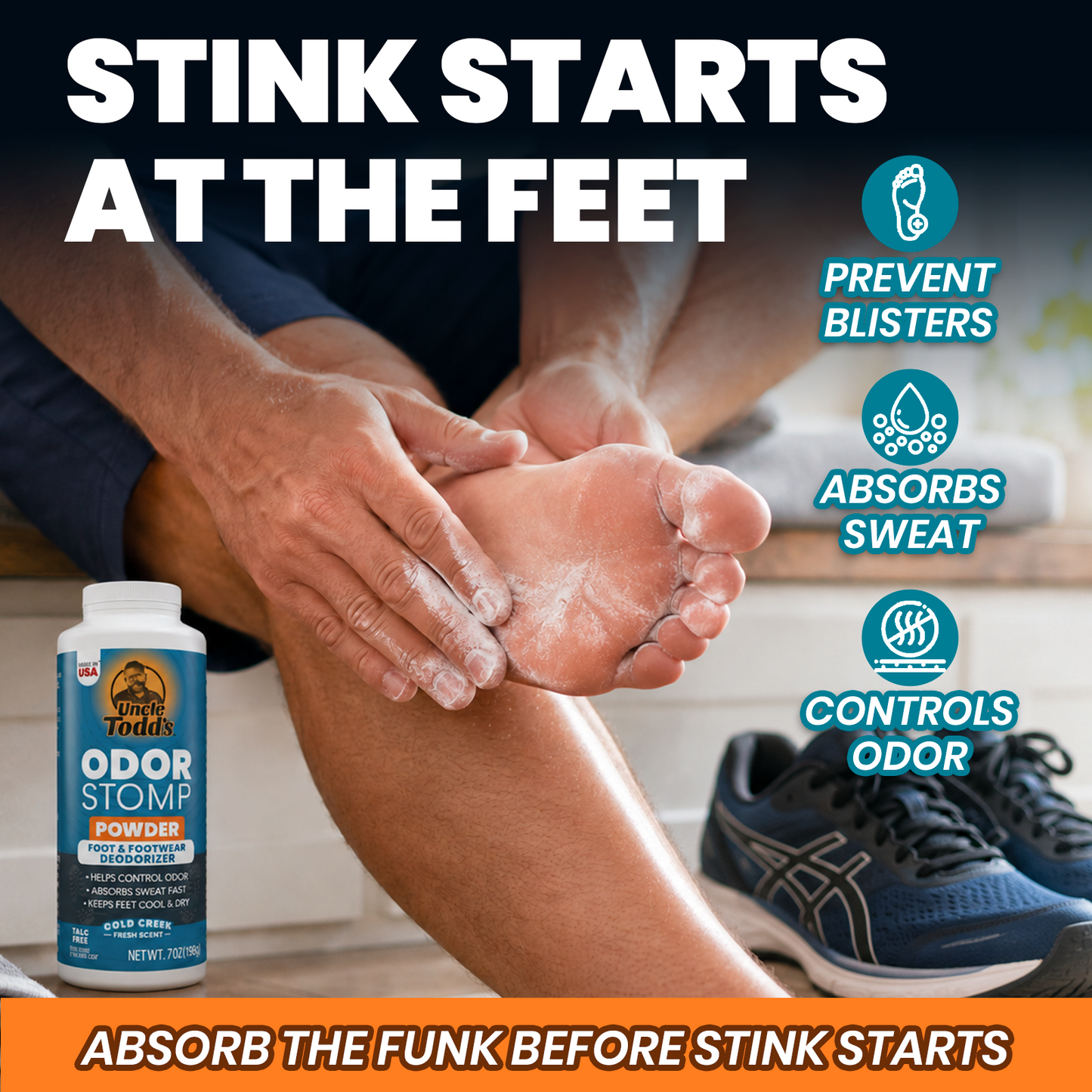 Uncle Todd's 3-in-1 Foot Powder - Controls Sweat, Removes Odor & Keeps Feet Cool - Talc-Free Shoe Deodorizer (7oz) - Fast Acting Foot Powder for Smelly feet for Men, Women, Athletes - Made in USA