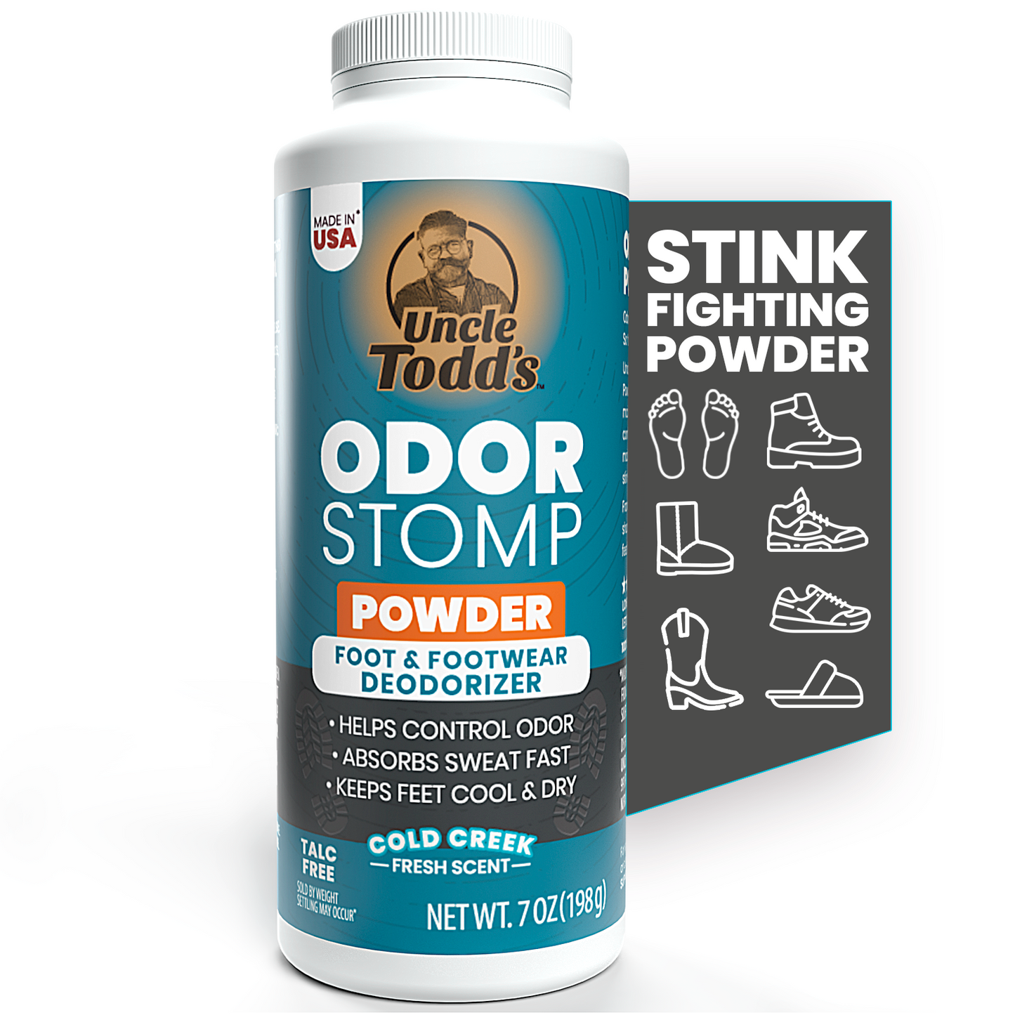 Uncle Todd's 3-in-1 Foot Powder - Controls Sweat, Removes Odor & Keeps Feet Cool - Talc-Free Shoe Deodorizer (7oz) - Fast Acting Foot Powder for Smelly feet for Men, Women, Athletes - Made in USA
