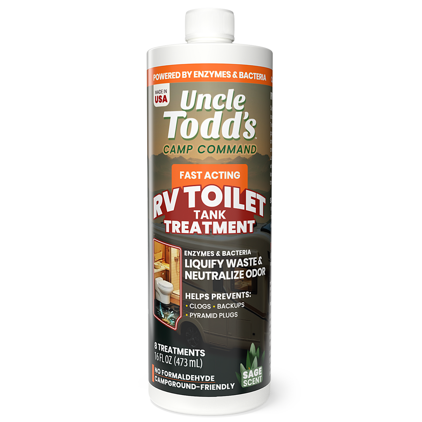 Uncle Todd's 16 oz RV Black Tank Treatment - Sage Scent Liquid, 8 RV Toilet Treatments, Camper Holding Tank Cleaner - Deodorizer for Black/Gray Tanks, Sensor Cleaner, Made in USA - Digests Waste Fast