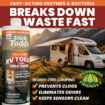 Uncle Todd's 16 oz RV Black Tank Treatment - Sage Scent Liquid, 8 RV Toilet Treatments, Camper Holding Tank Cleaner - Deodorizer for Black/Gray Tanks, Sensor Cleaner, Made in USA - Digests Waste Fast