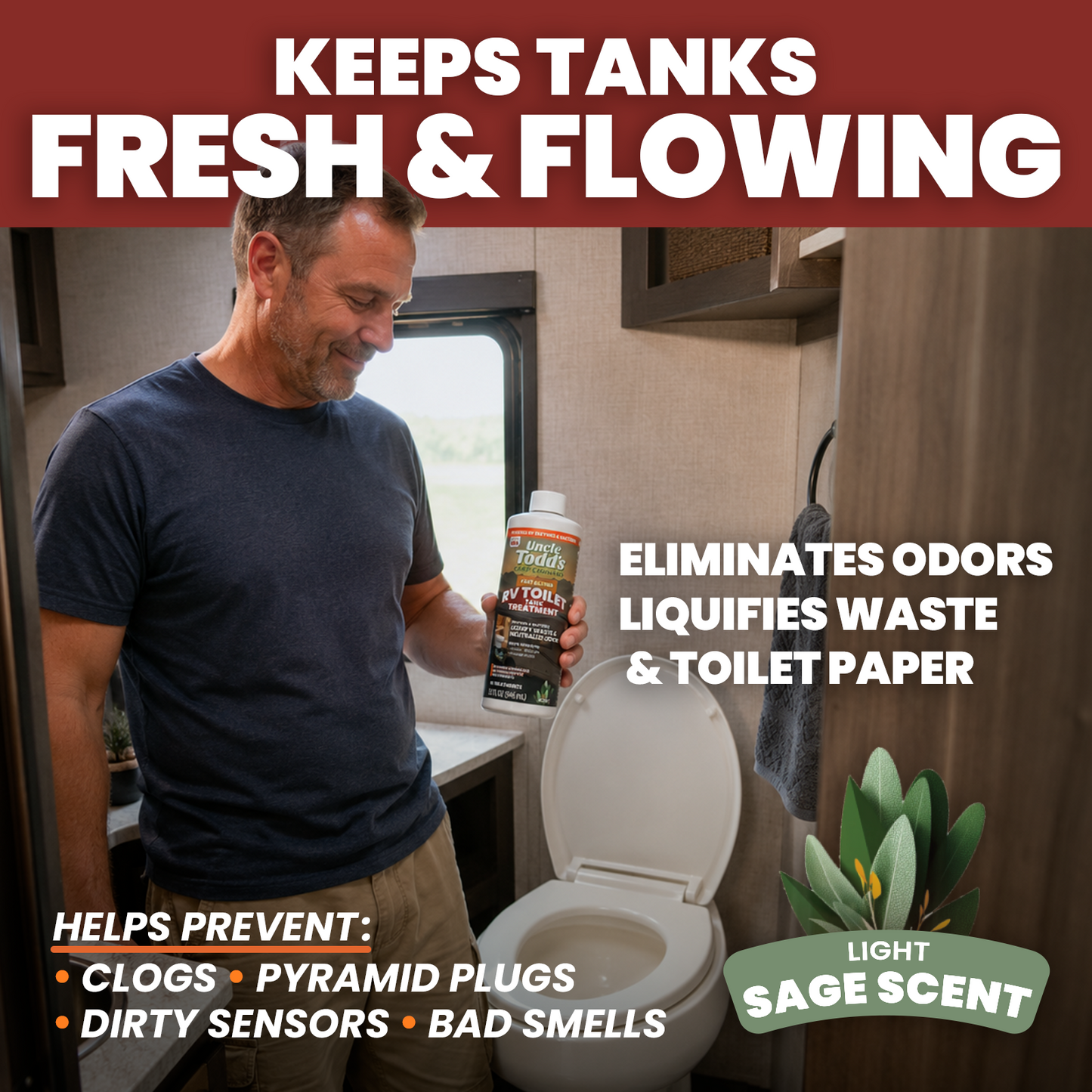 Uncle Todd's 16 oz RV Black Tank Treatment - Sage Scent Liquid, 8 RV Toilet Treatments, Camper Holding Tank Cleaner - Deodorizer for Black/Gray Tanks, Sensor Cleaner, Made in USA - Digests Waste Fast