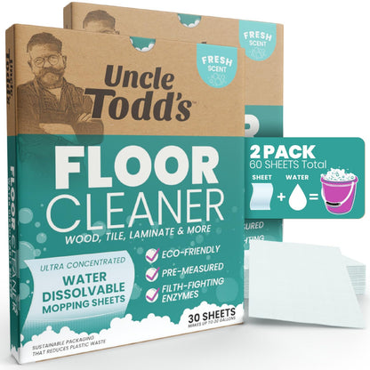 Uncle Todd's 2-Pack Ultra Concentrated Floor Cleaner For Mopping: 60 Natural, 100% Dissolvable Sheets for Mopping – Hardwood & Wood Floor Cleaner with Filth-Fighting Enzymes, Plastic-Free Packaging